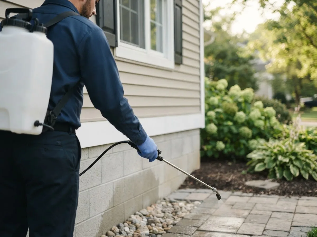 Pest control technician inspecting a home in Felt, OK